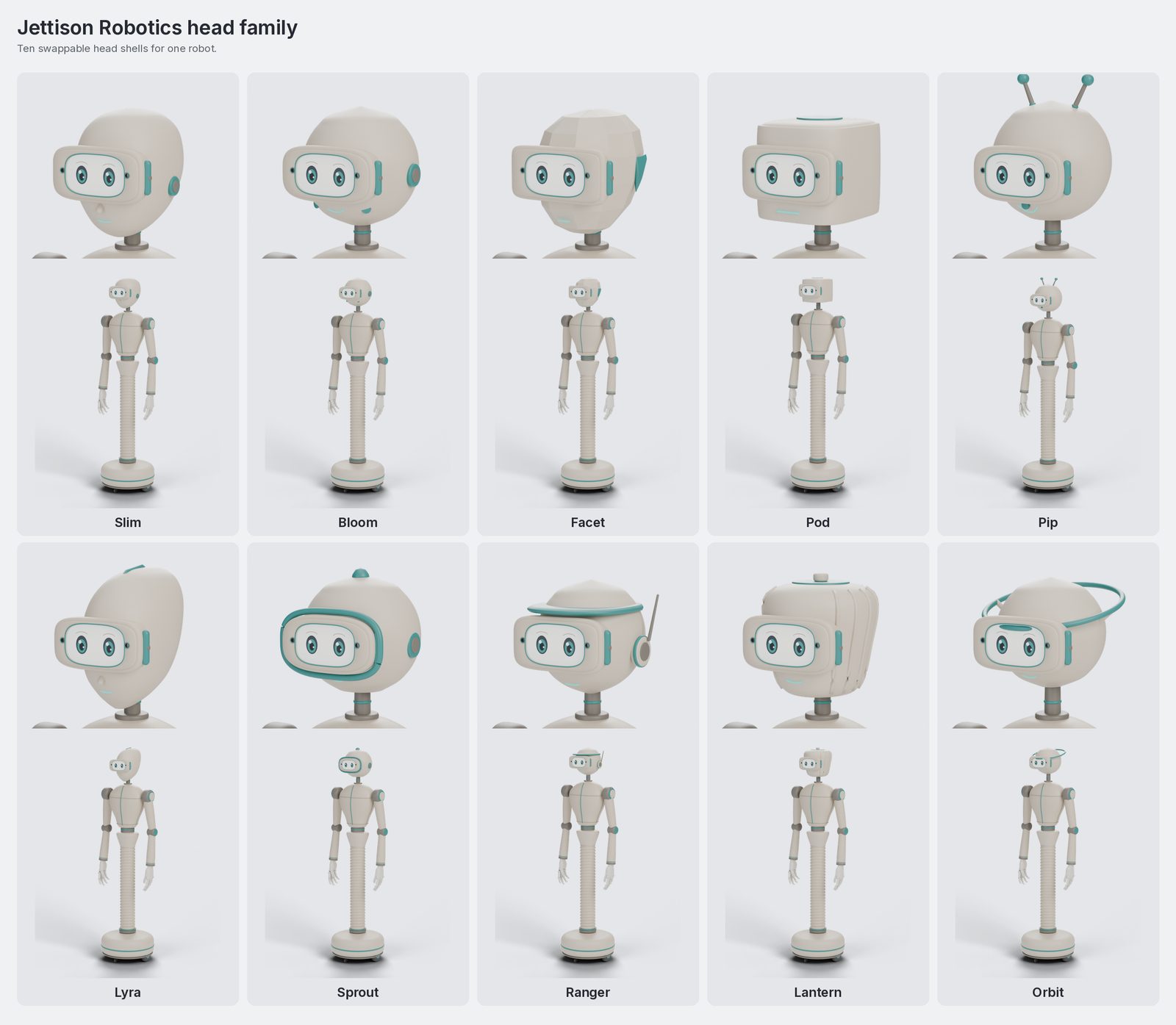Concept render: ten swappable head shells for the Jettison Robotics humanoid, named Slim, Bloom, Facet, Pod, Pip, Lyra, Sprout, Ranger, Lantern and Orbit